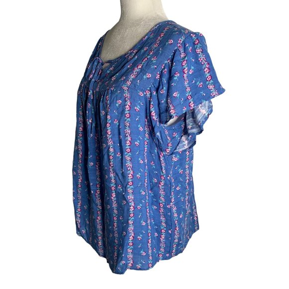 Lee Boho Flutter Sleeve Peasant Top M Blue Floral Rayon Tie Neck Bohemian - Picture 3 of 6